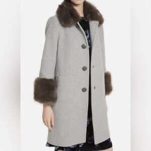 Kate Spade Wool Dress Coat Star Bright Faux Fur Trim Gray Size 2
